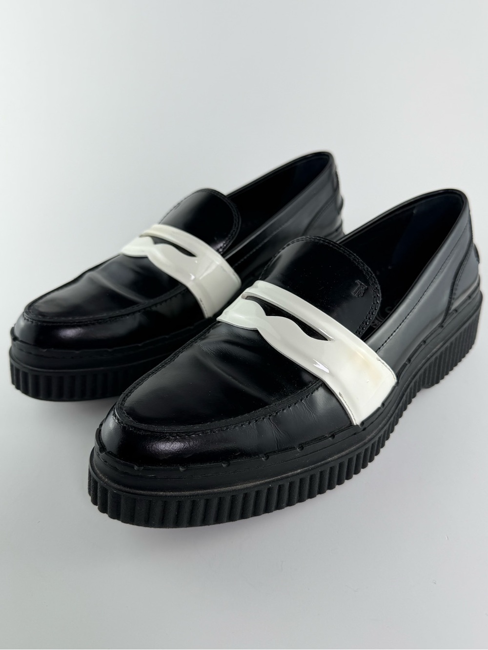TOD’S Spazzolato Leather Platform Creeper Penny Loafers EU 40 Black White